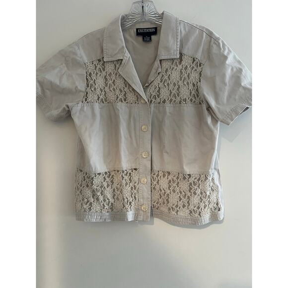 Vintage Short Sleeve Button Down w Lace Cutouts Cotton Blend Tan Size Small JL - Picture 1 of 7